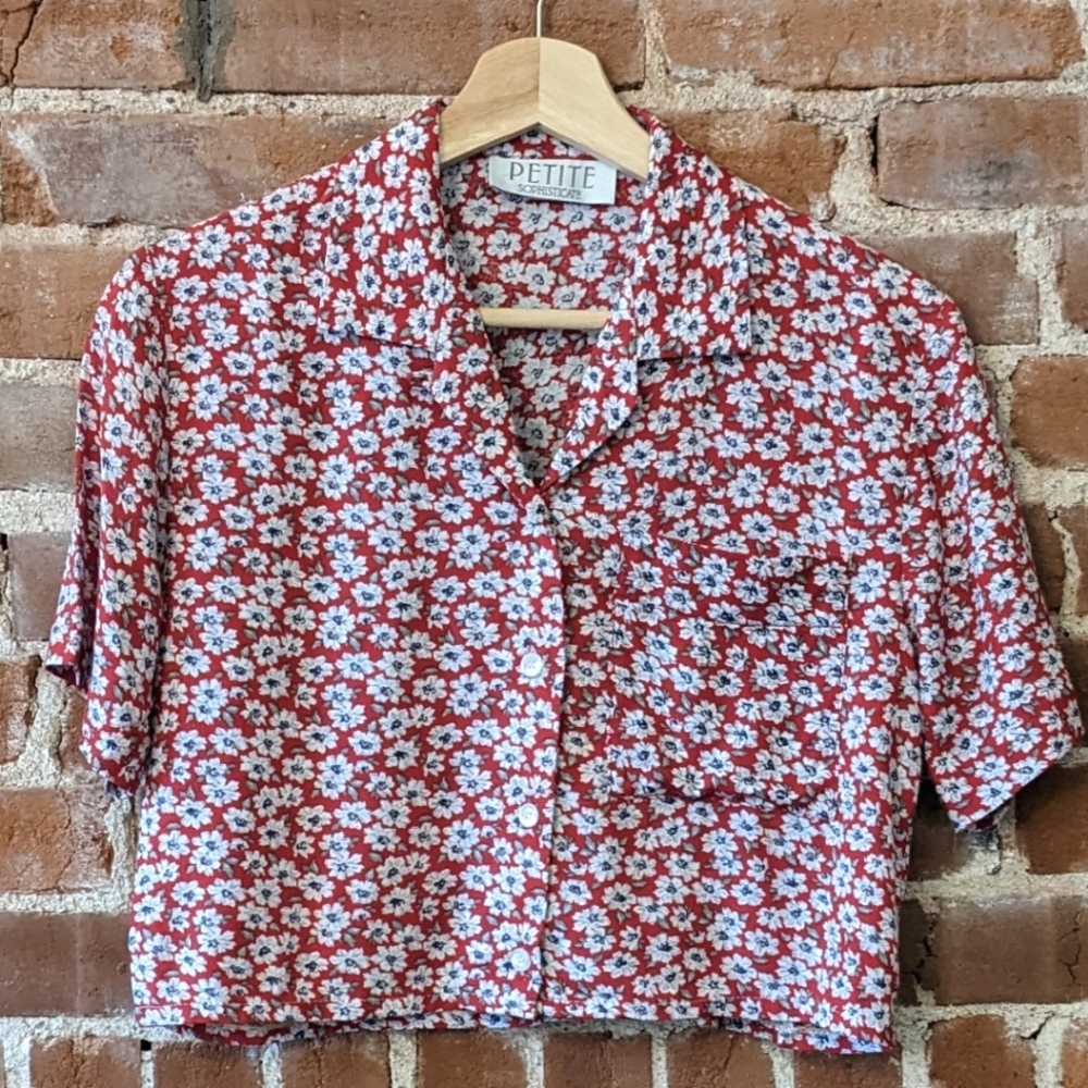 Vintage Red Floral Button Up Petite Blouse